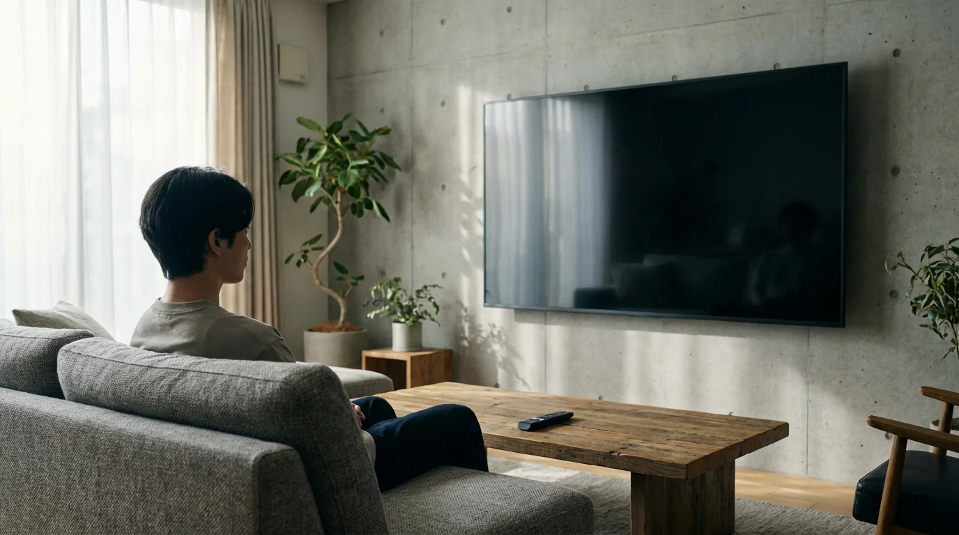 A person in a sunlit living room looking at a blank television screen.