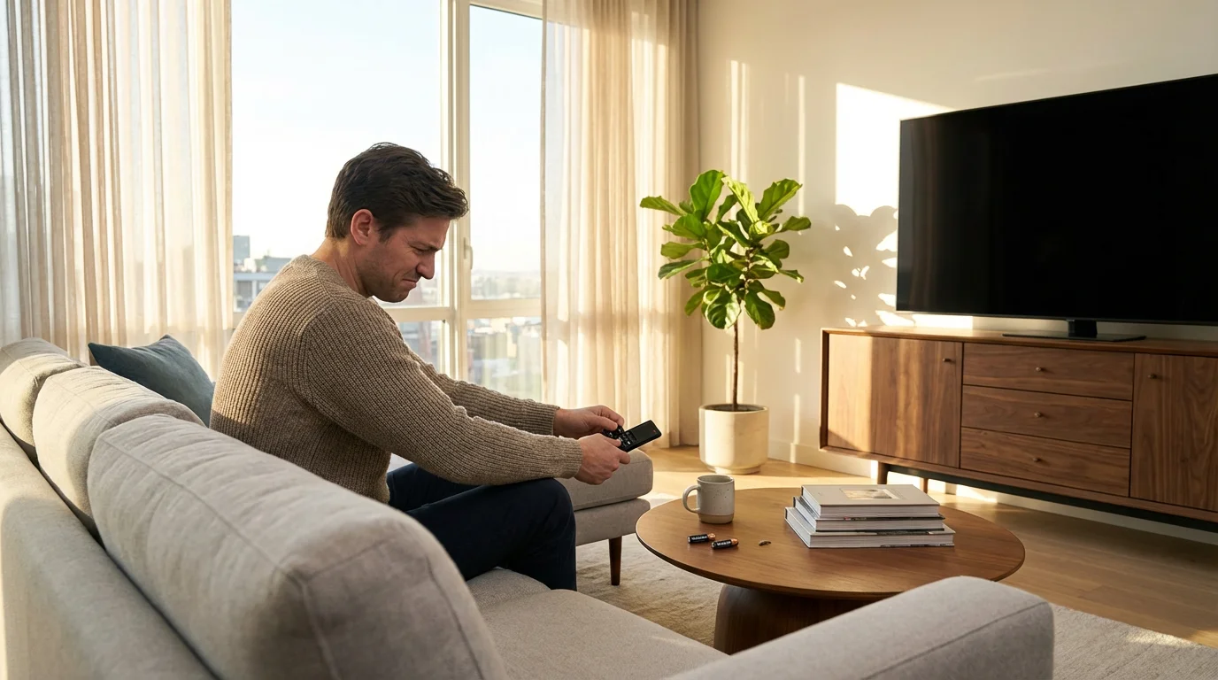 A person in a sunlit living room trying to fix a TV streaming remote.