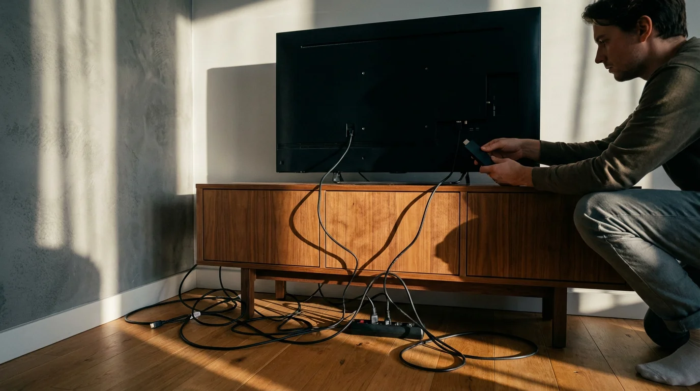 A person kneels behind a TV, plugging in a streaming stick amidst tangled cables.