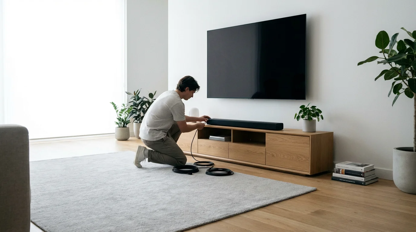 A person kneels to install a new soundbar, optimizing their home streaming setup.
