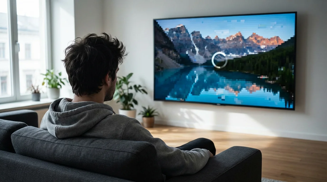 A person looking frustrated at a large television screen showing a pixelated, buffering video.