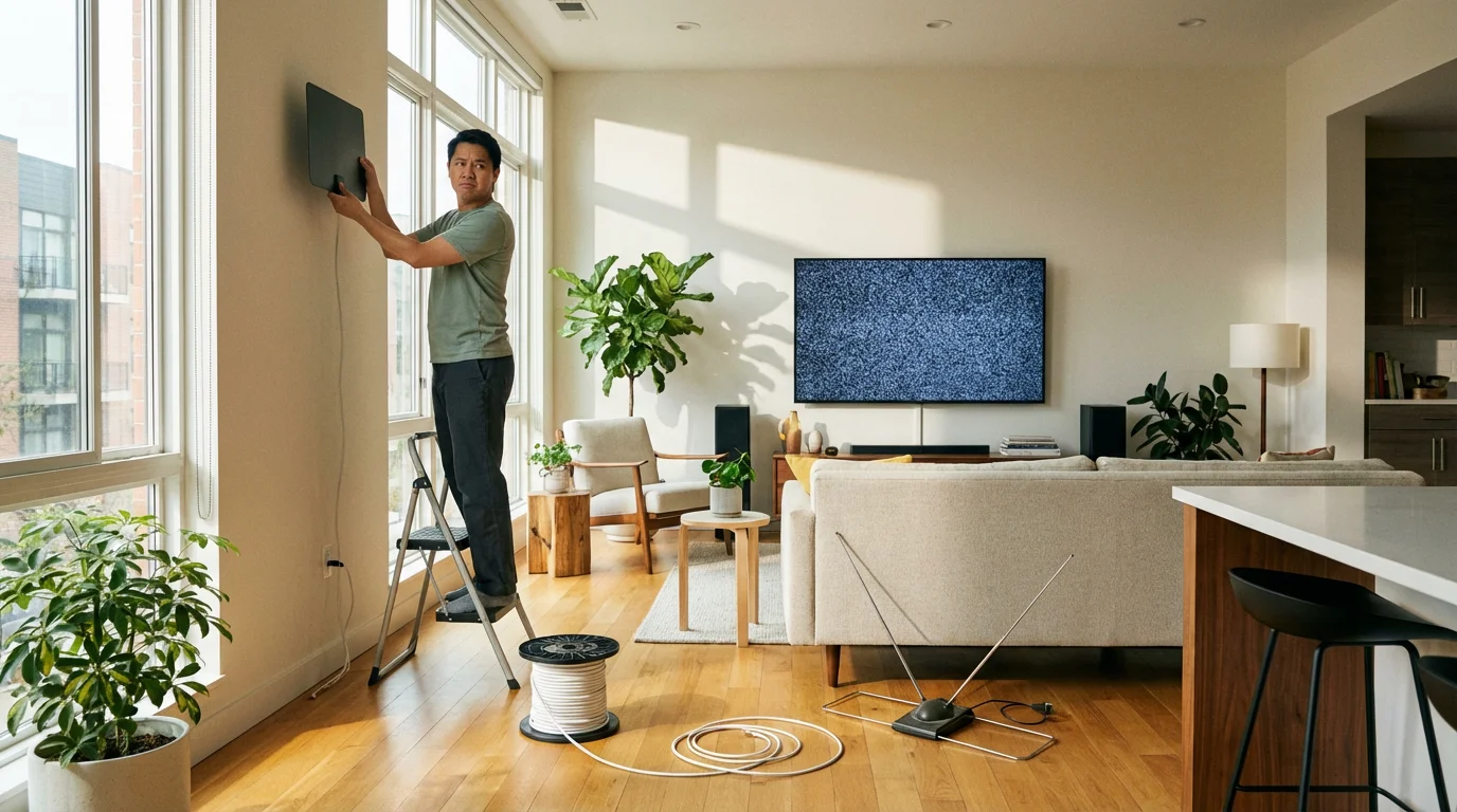 A person looking frustrated while trying different TV antennas in a modern living room.
