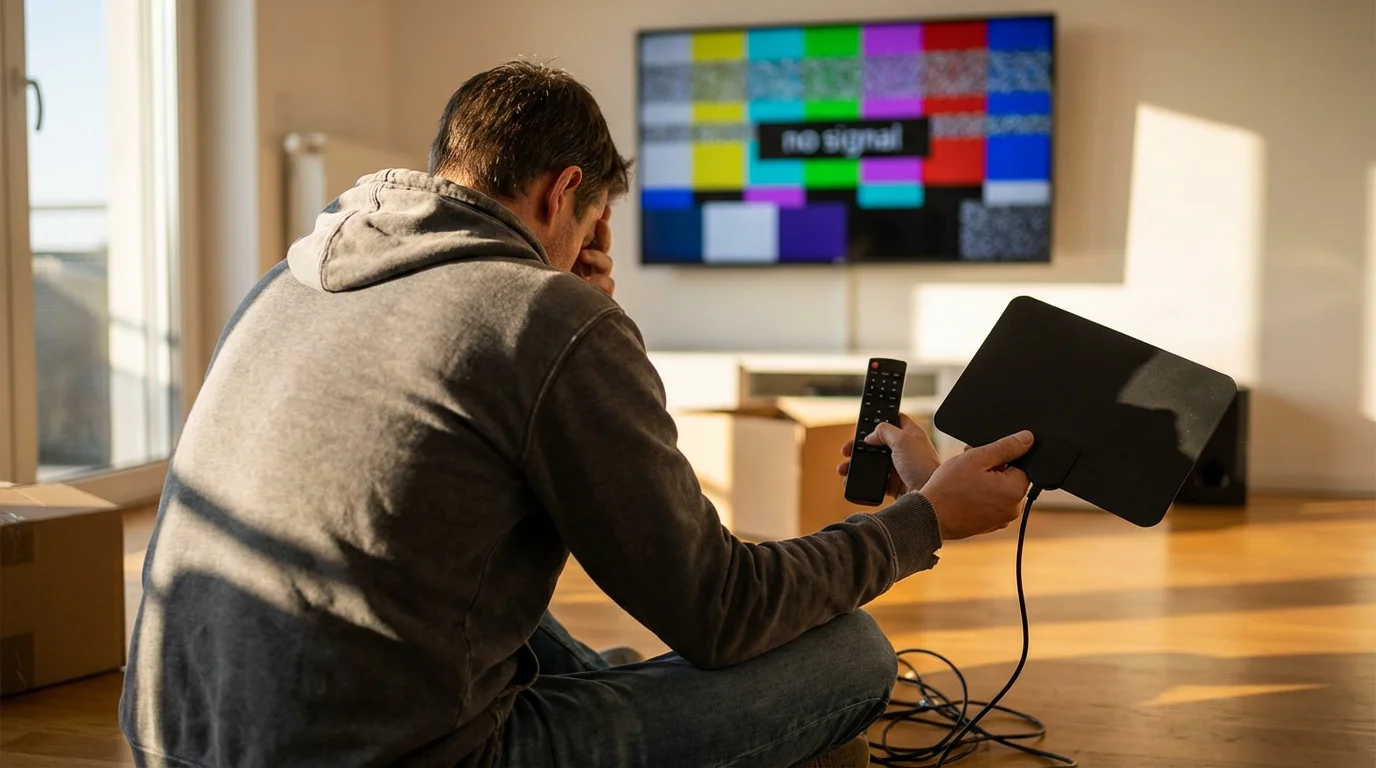 A person looks frustrated while holding a TV remote and an antenna.