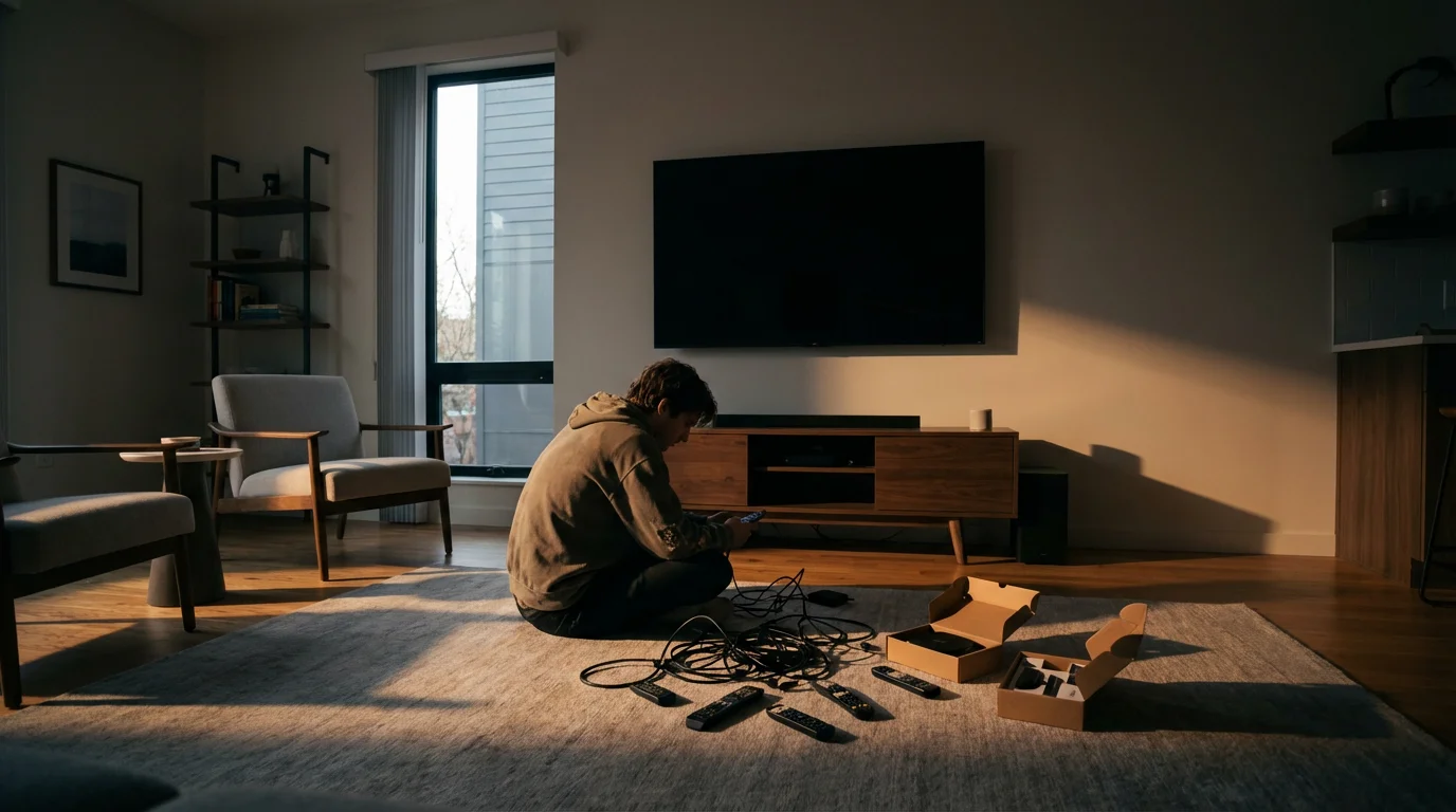 A person looks overwhelmed by tangled cables and streaming devices on their living room floor.