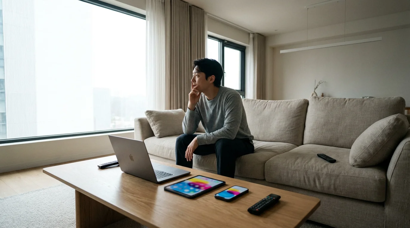 A person looks overwhelmed in their living room with a laptop, tablet, and phone.
