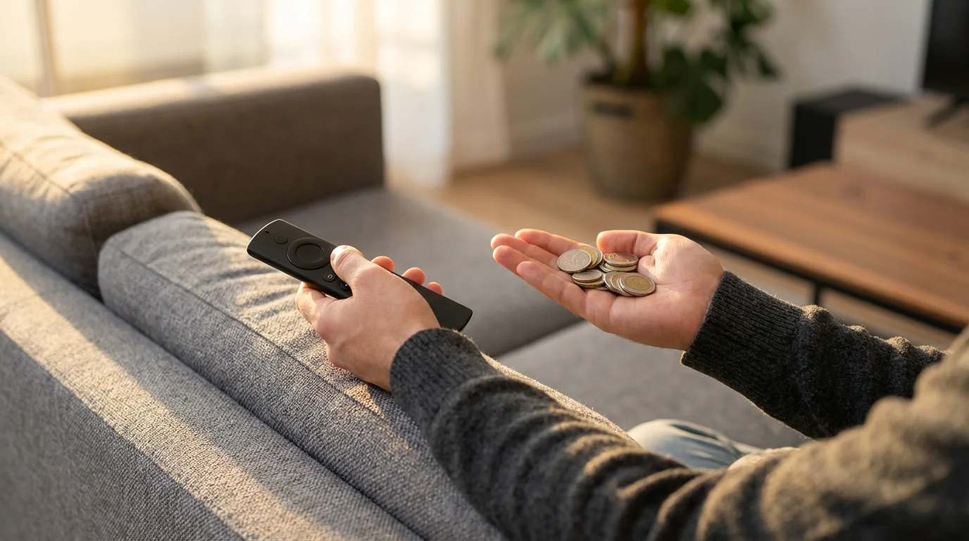 A person on a sofa holding a TV remote in one hand and coins in the other.