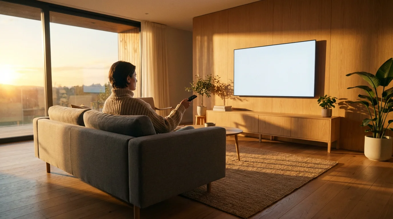 A person on a sofa in a sunlit living room looking at a blank TV.