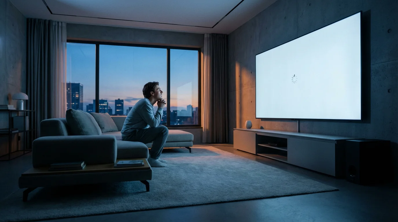 A person on a sofa looking expectantly at a blank television in a dimly lit room.