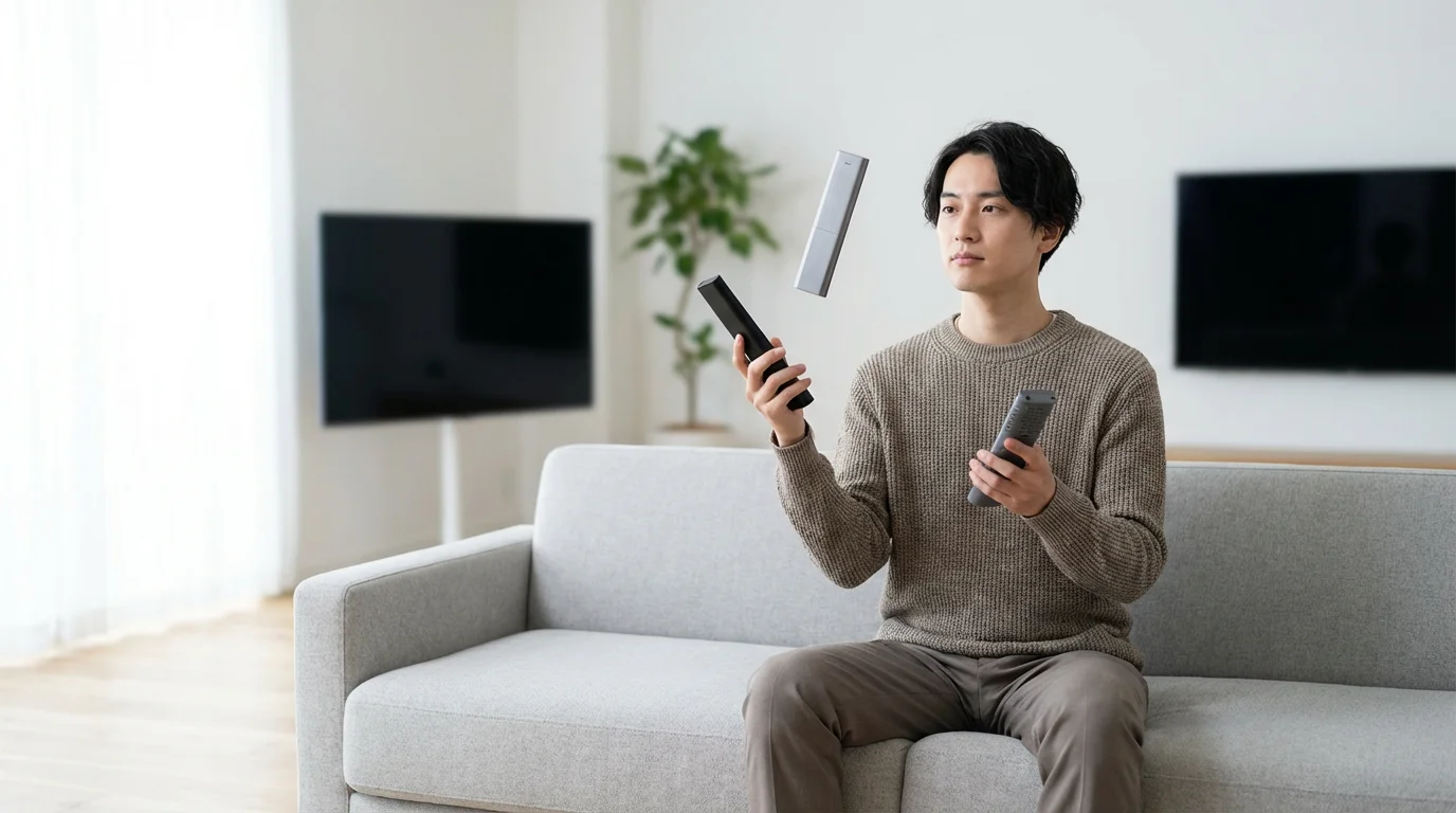 A person on a sofa looks down at three different remote controls in their hands.