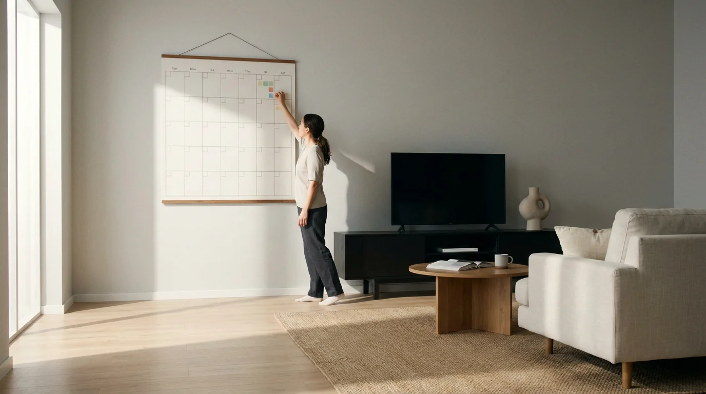 A person placing a sticker on a large wall calendar in a modern, sunlit living room.