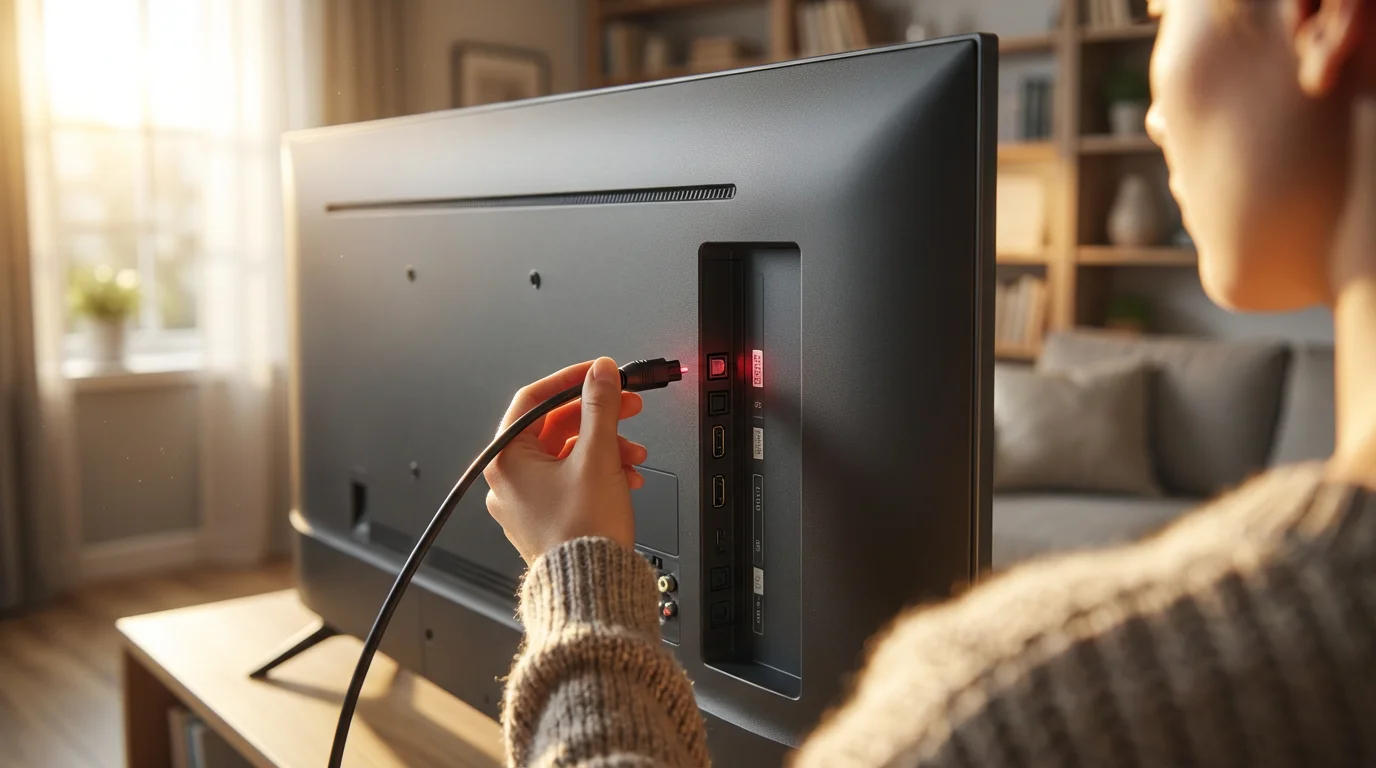 A person plugging a TOSLINK optical audio cable into the back of a television.