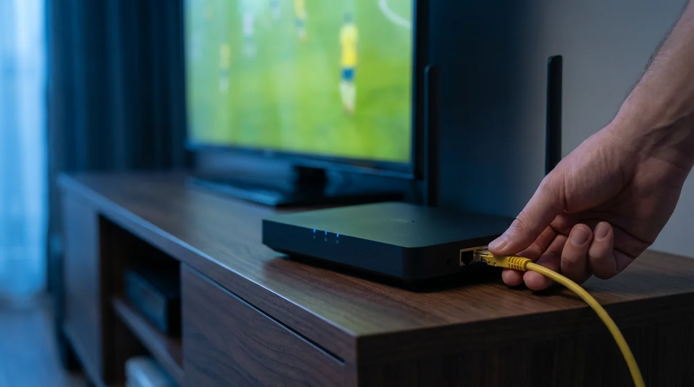 A person plugging an ethernet cable into a Wi-Fi router for sports streaming.