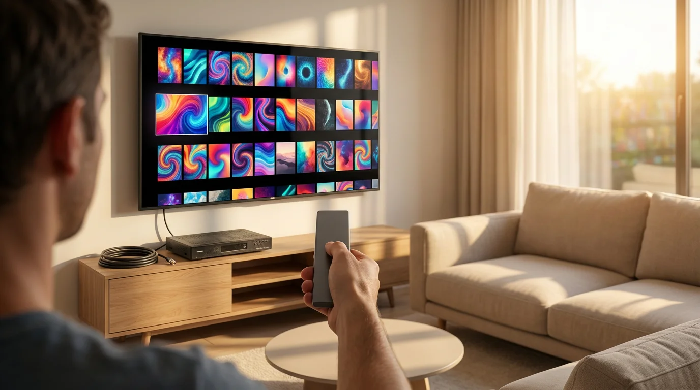 A person pointing a remote at a smart TV displaying streaming options during sunset.