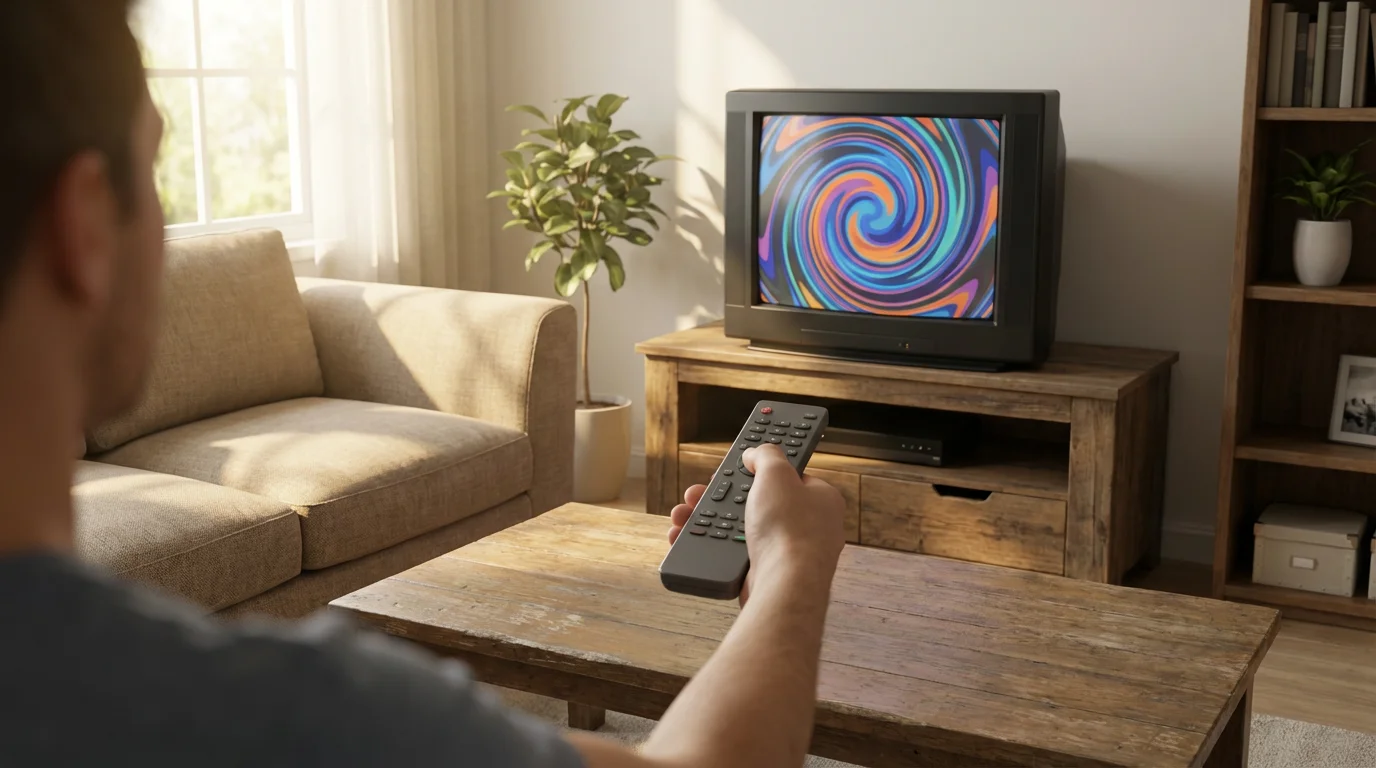 A person pointing a remote at an older television displaying a colorful setup screen.