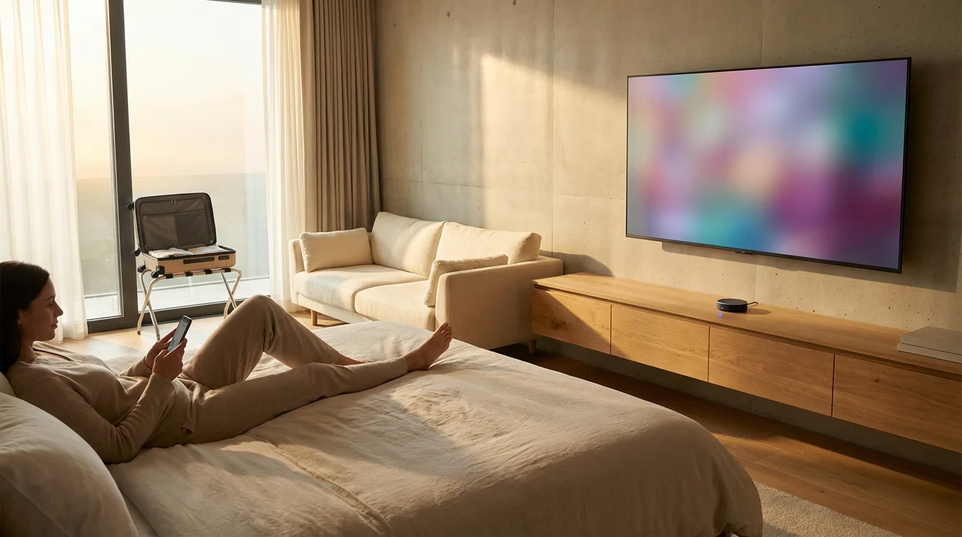 A person relaxes in a bright hotel room with a portable streaming device connected to the television.