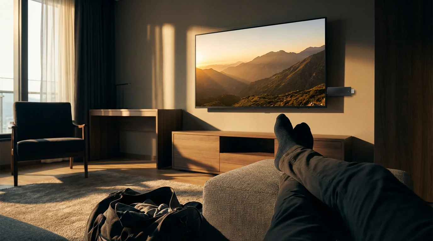 A person relaxes in a hotel room, watching a portable streaming device on the TV.