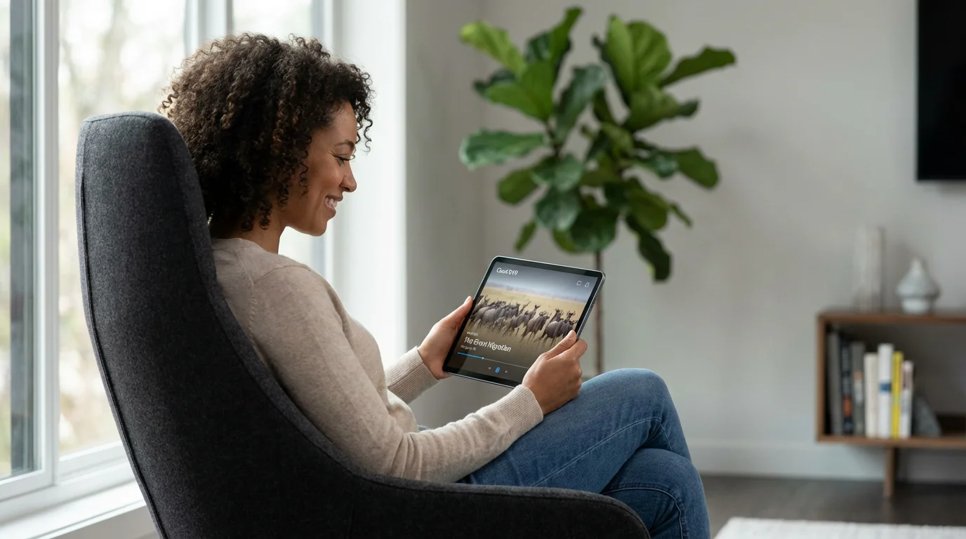 A person relaxes in an armchair, streaming a video on a tablet using a cloud DVR.