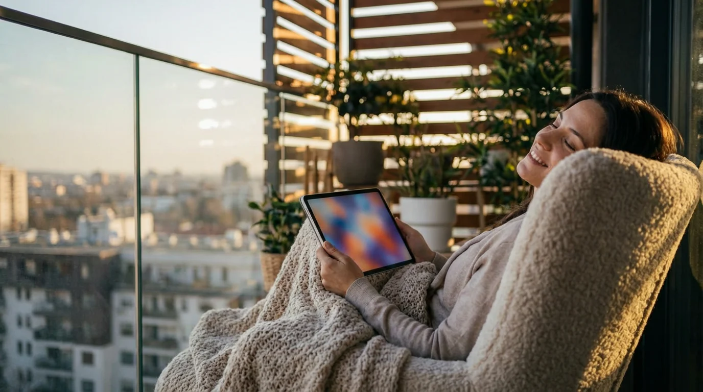 A person relaxes on a balcony at sunset, watching recorded shows on a tablet.