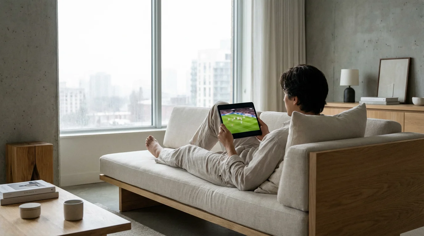 A person relaxes on a sofa in a modern living room watching sports on a tablet.
