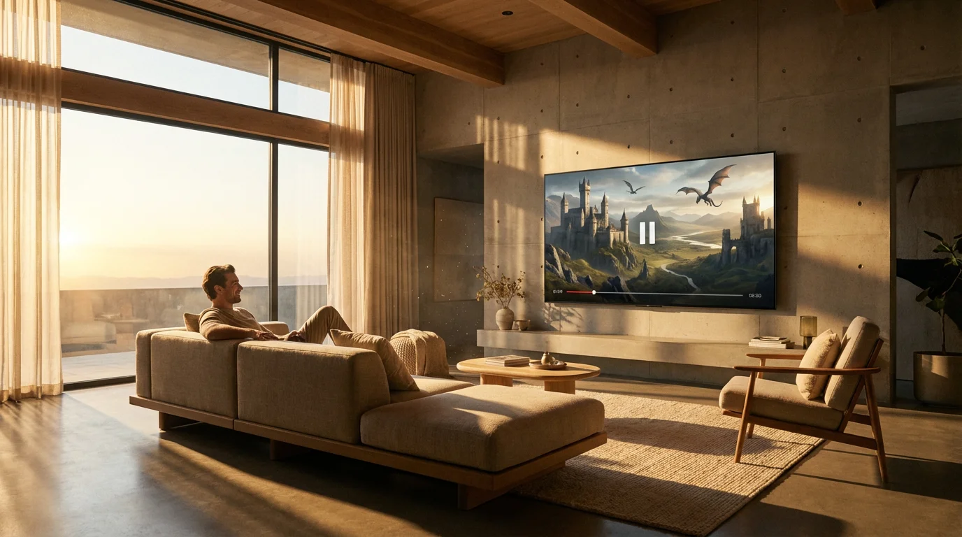 A person relaxing on a sofa watching a premium movie on a smart TV.