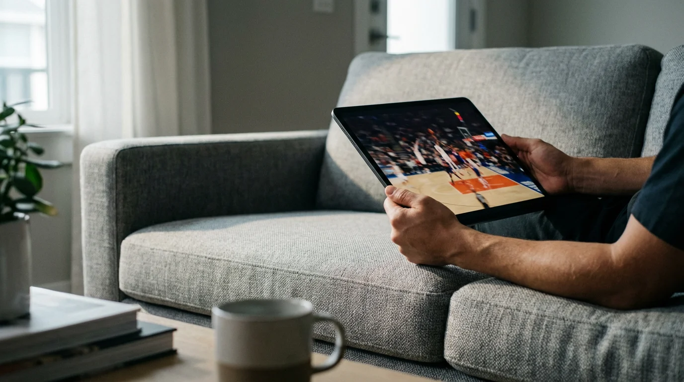 A person relaxing on a sofa while streaming a basketball game on a tablet.