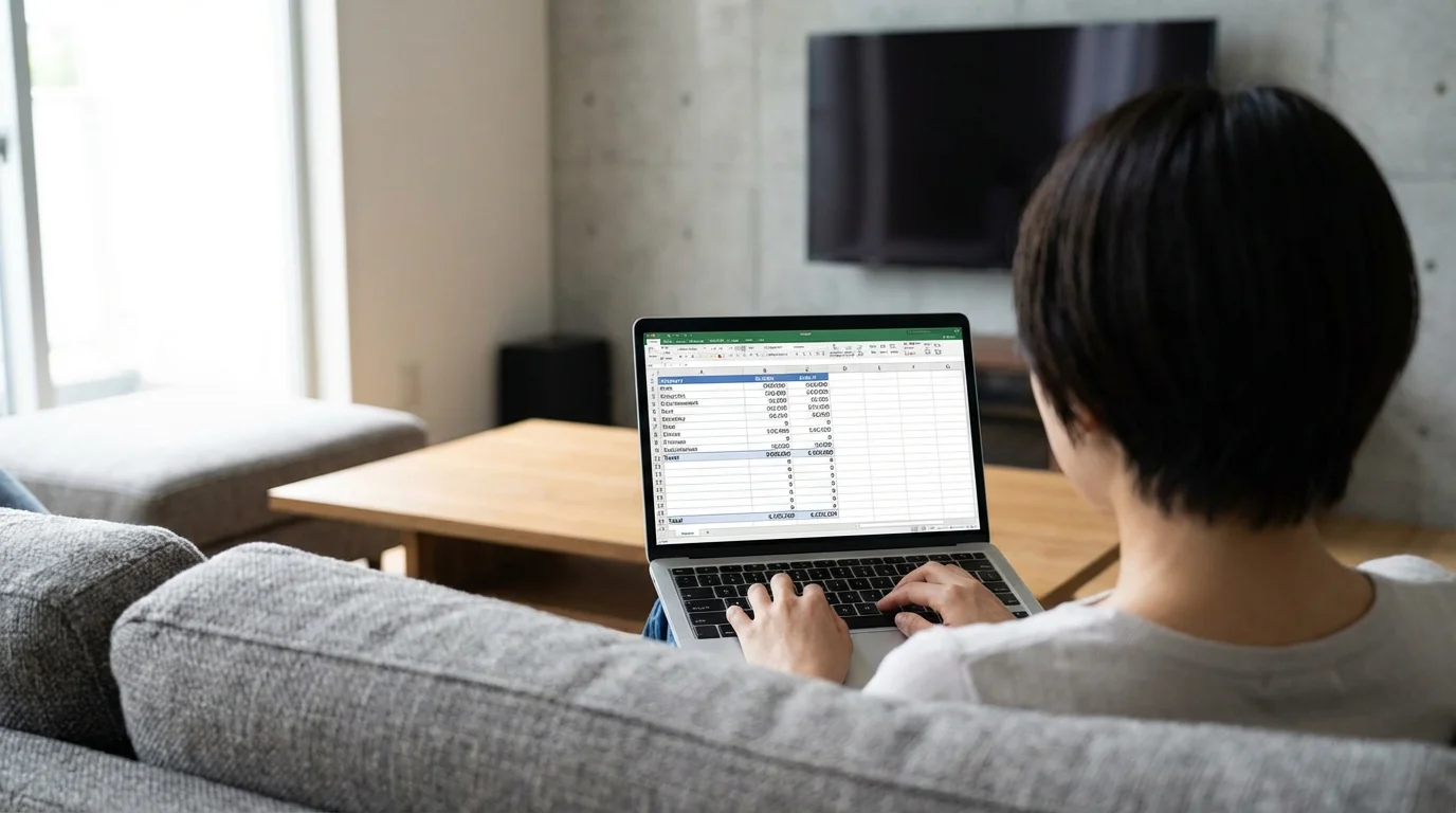 A person reviews a budget on a laptop in their living room with a TV.