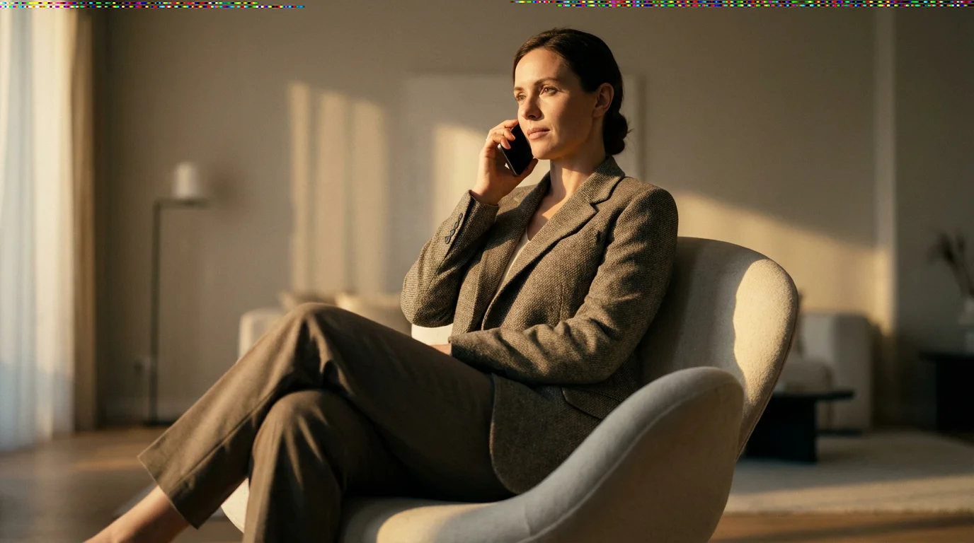 A person seen from a low angle, confidently negotiating on their smartphone at home.