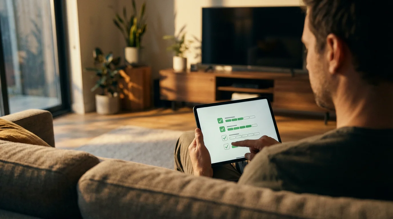 A person seen from over the shoulder using a tablet checklist for cord-cutting.