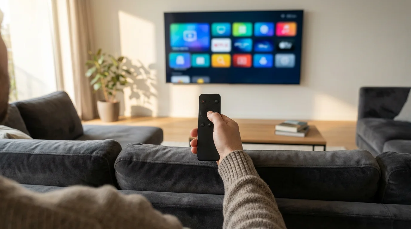 A person seen from over their shoulder browsing a grid of streaming apps on a television.