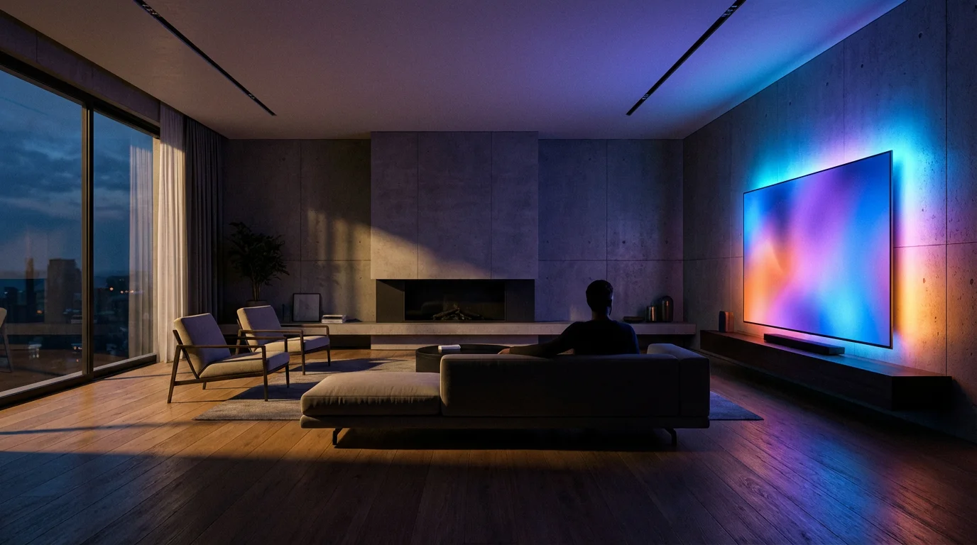 A person silhouetted on a sofa in a dark room with long shadows.