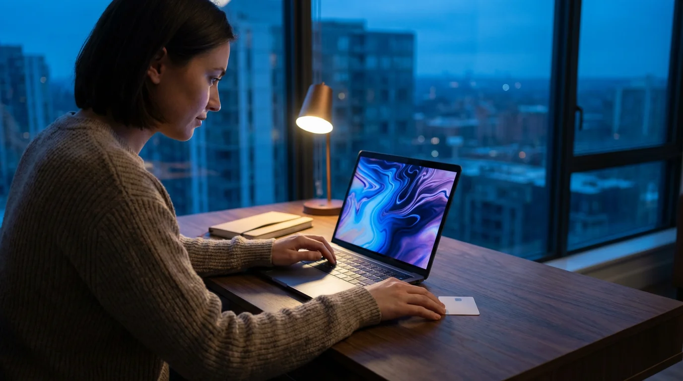 A person sits at a desk with a laptop and credit card, considering a subscription.