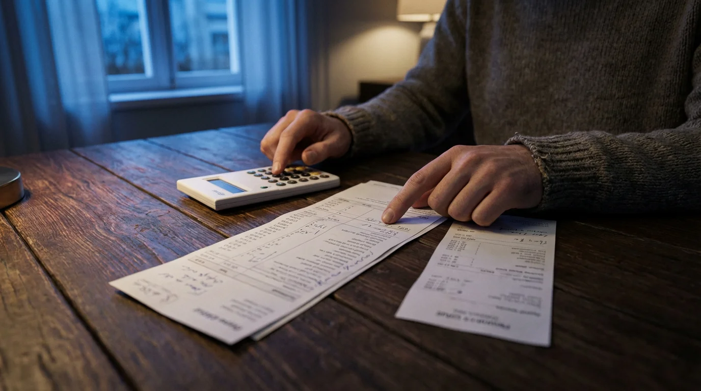 A person sits at a table calculating costs with bills and a calculator.