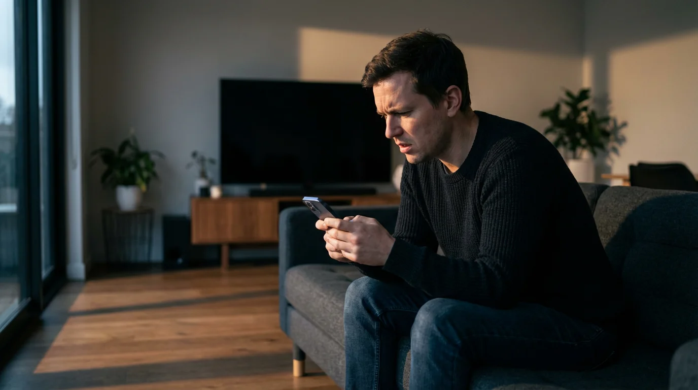 A person sits on a sofa, looking at their phone with a concerned expression.