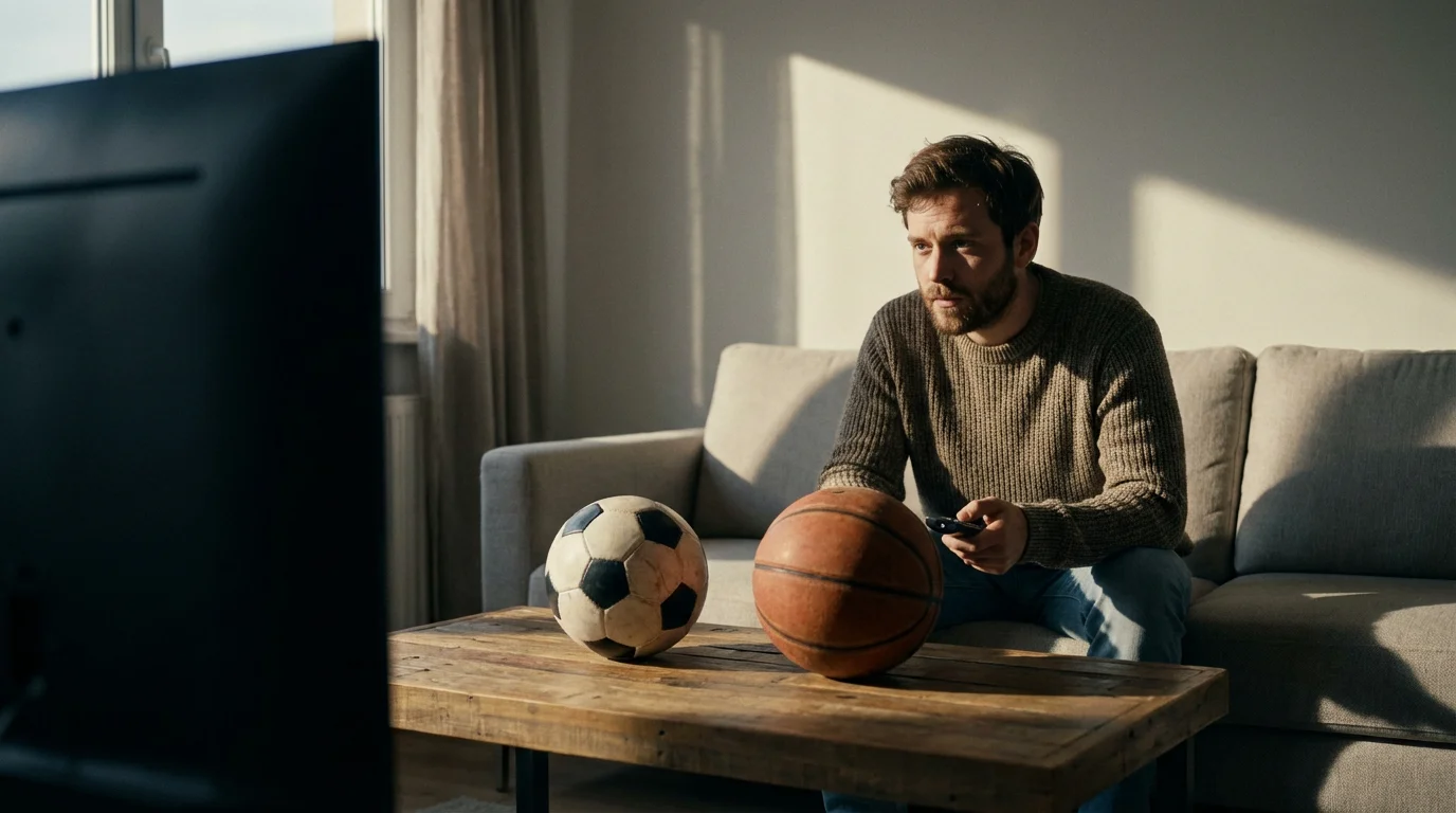 A person sits on a sofa, looking thoughtfully at a basketball and soccer ball.
