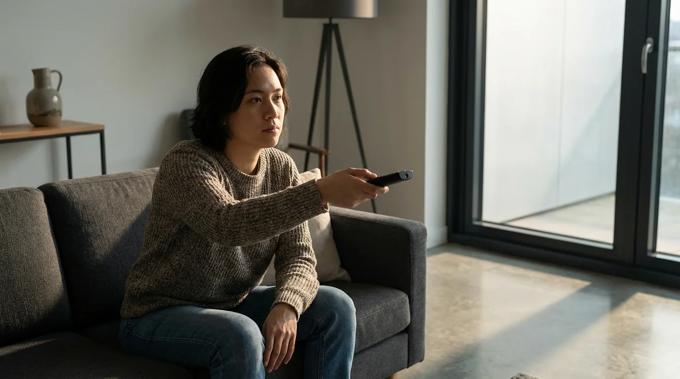 A person sits on a sofa thoughtfully using a generic streaming remote in a modern living room.