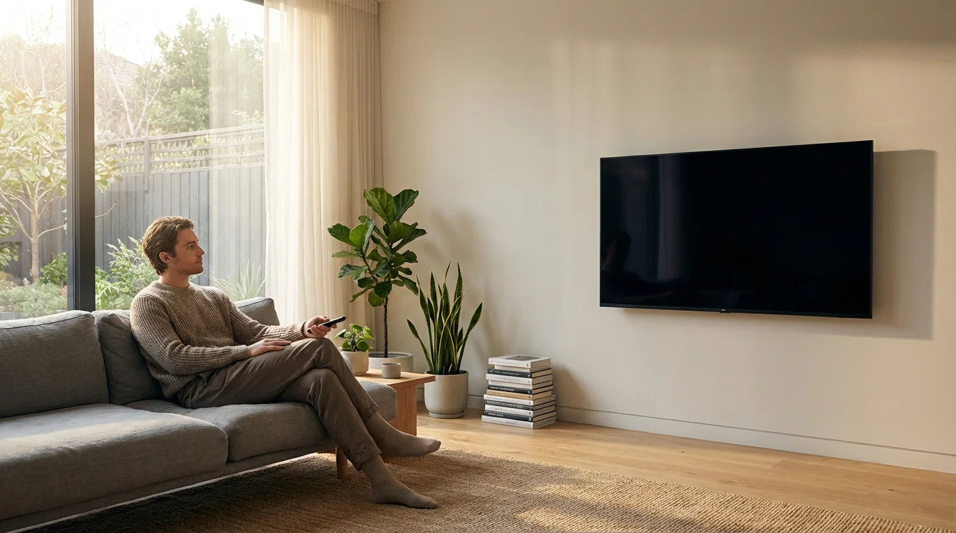 A person sits thoughtfully in a sunlit, modern living room holding a TV remote.