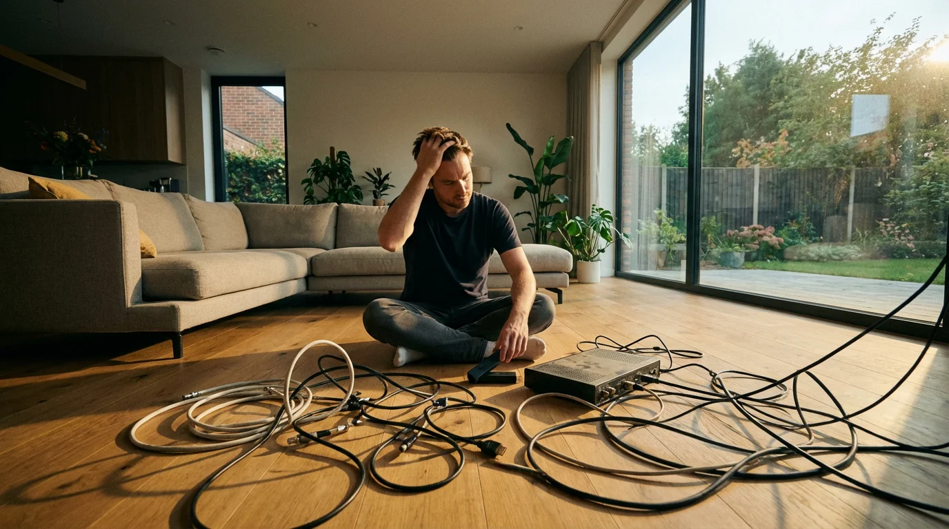 A person sitting on a living room floor surrounded by a tangle of electronic cables.