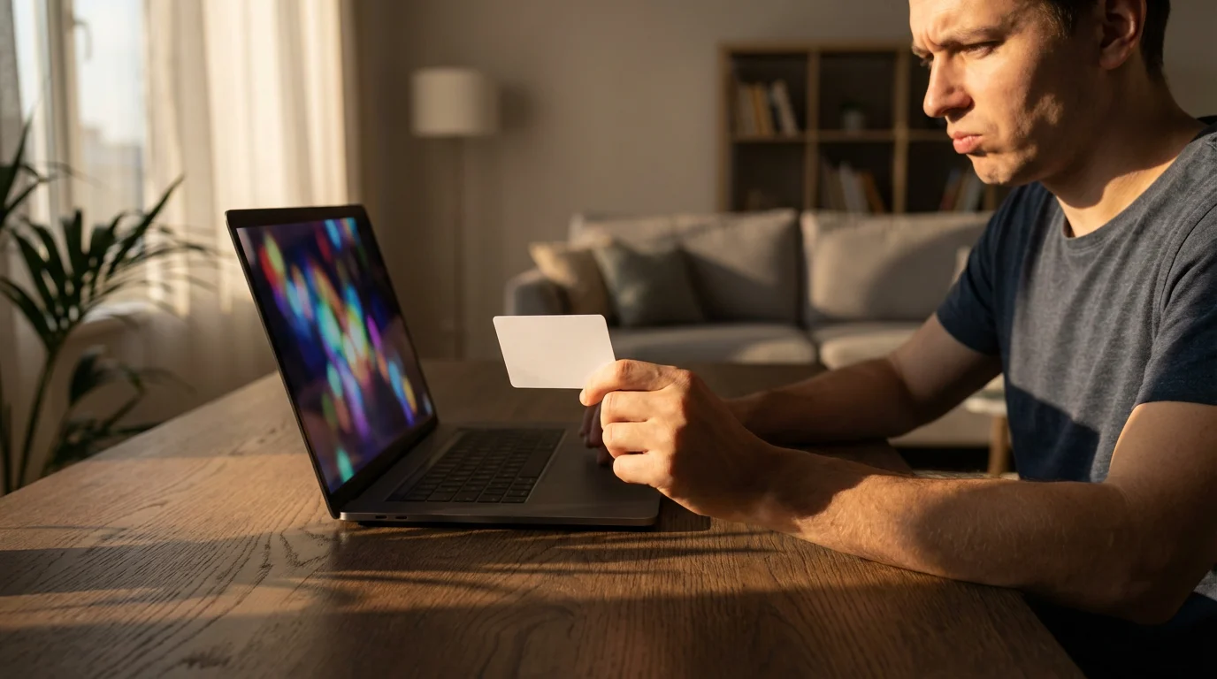 A person suspiciously holds a blank credit card while looking at a laptop screen.