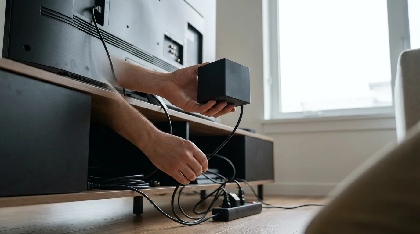 A person troubleshooting cable connections for a black streaming media cube behind a television.