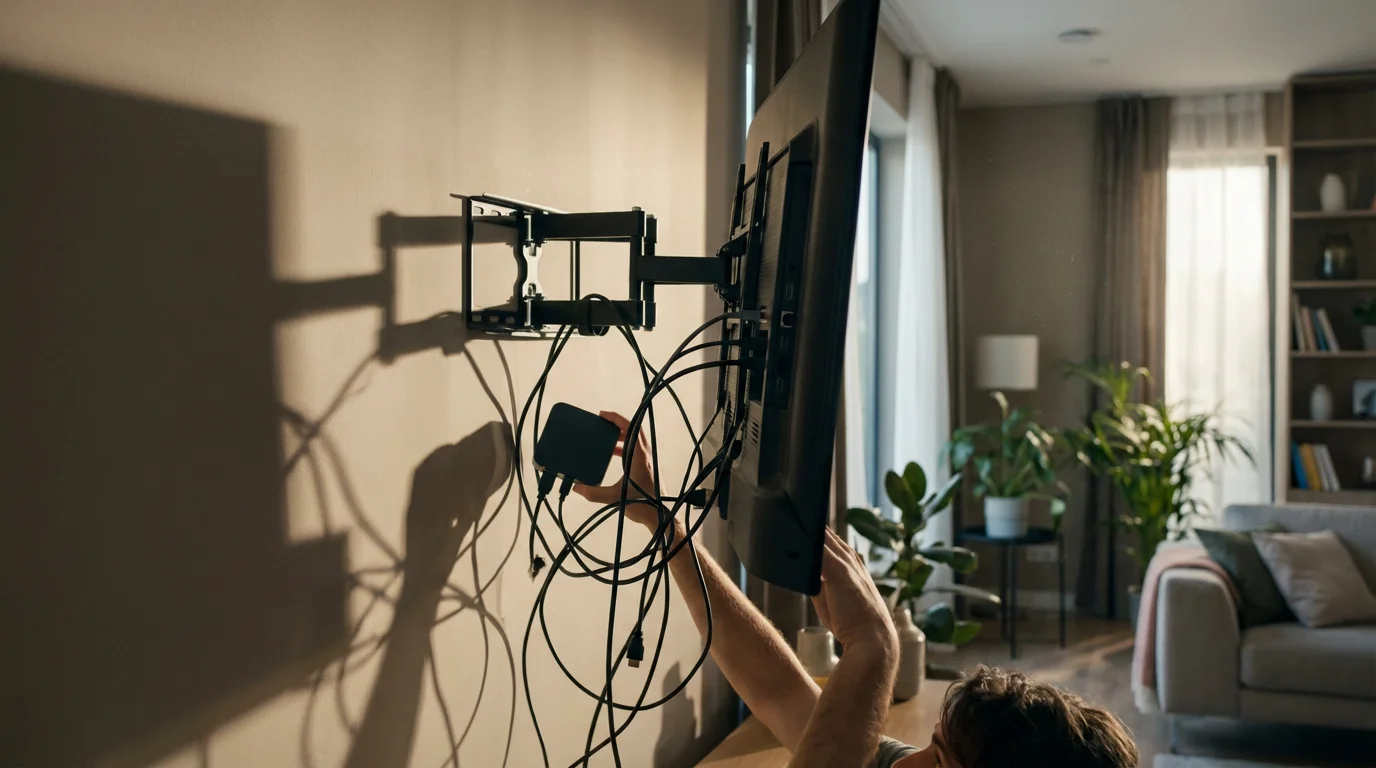 A person trying to set up a streaming device amidst a tangle of cables behind a TV.