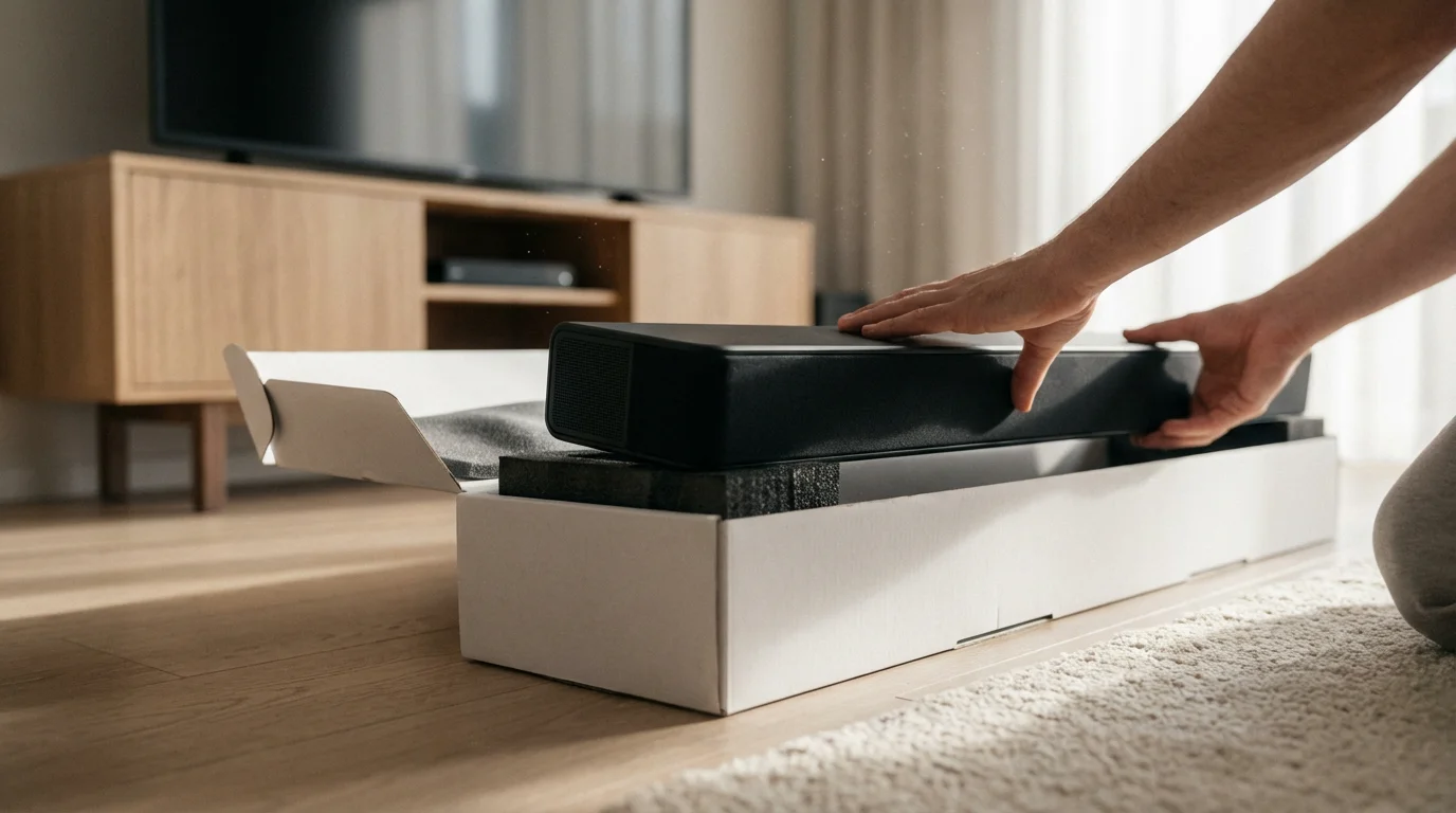 A person unboxing a new soundbar on the floor of a sunlit modern living room.