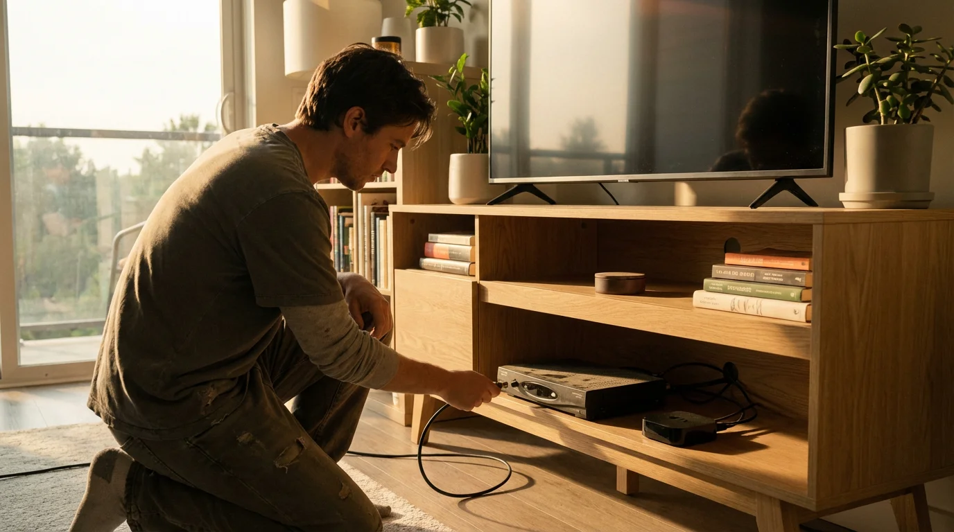 A person unplugs an old cable box from a media console during golden hour.