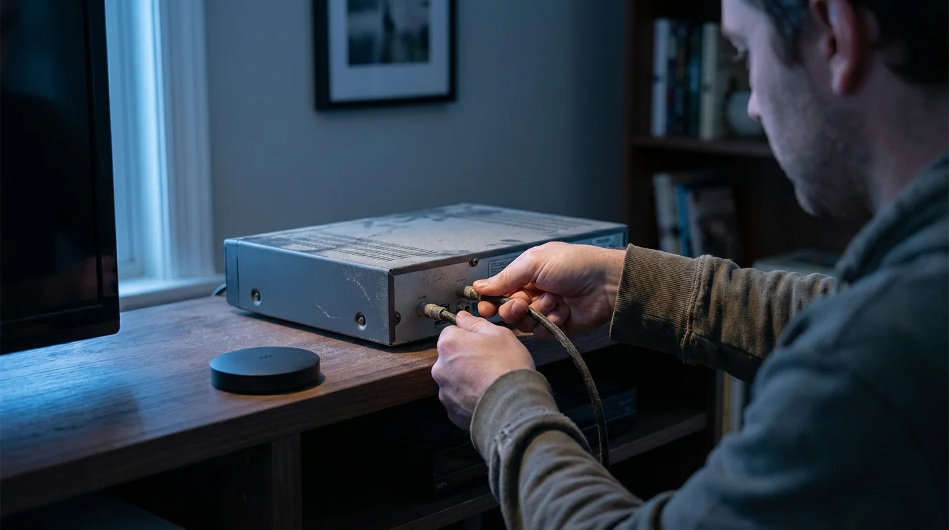A person unplugs an old DVR box to replace it with a new streaming device.