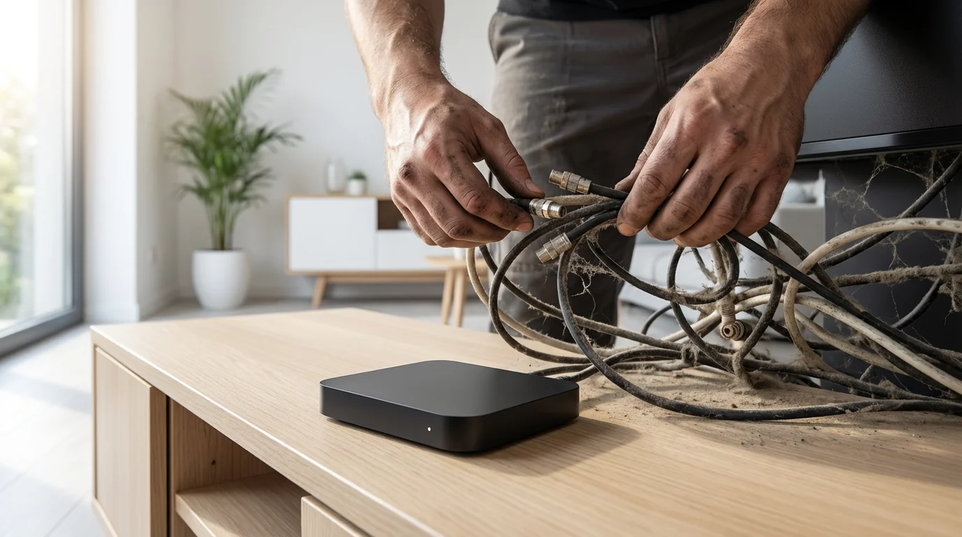 A person unplugs messy old cables behind a TV, replacing them with a new streamer.