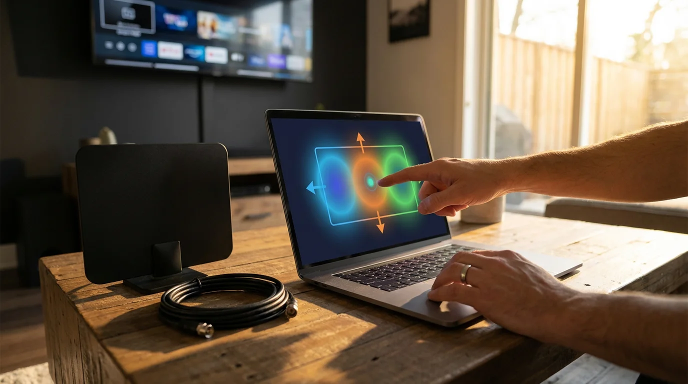 A person uses a laptop with a signal map to plan their TV antenna setup.