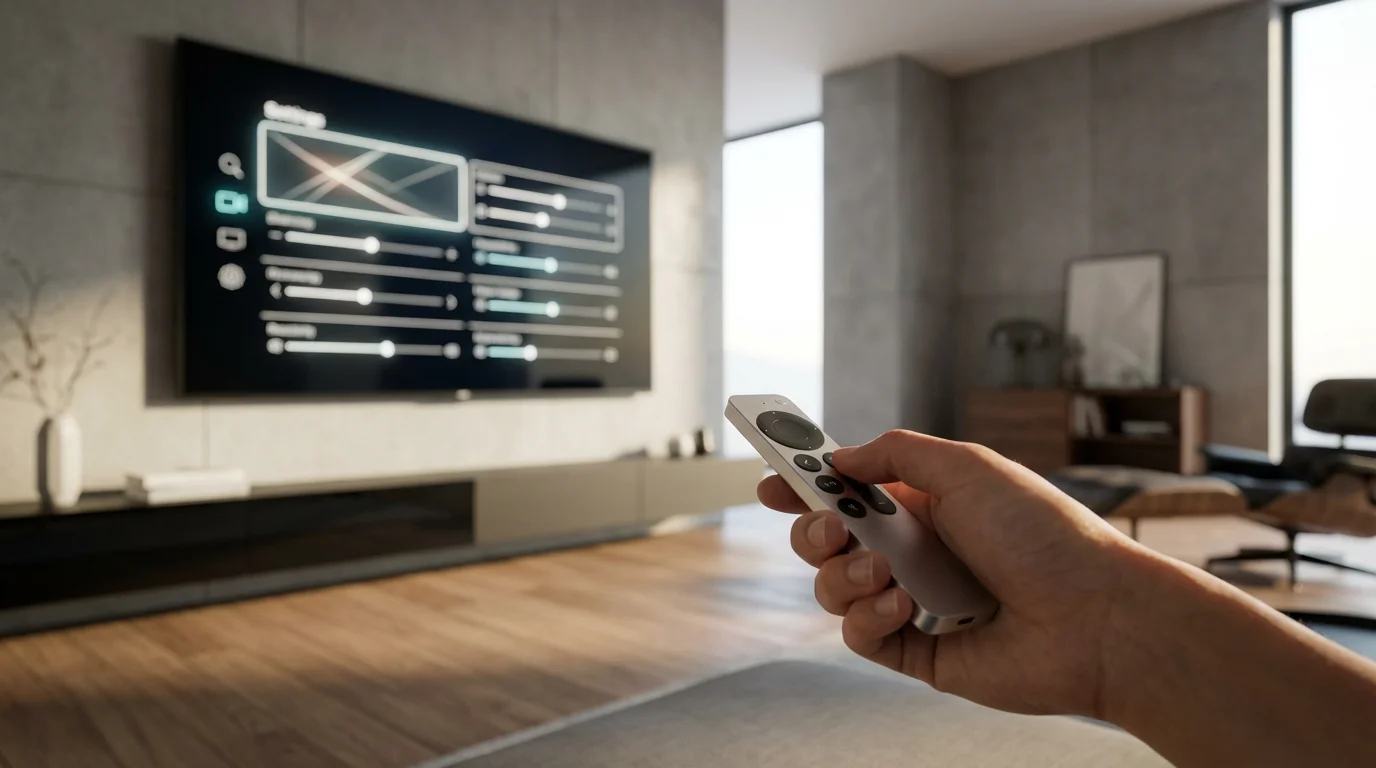 A person uses a remote to change the quality settings on their television screen.