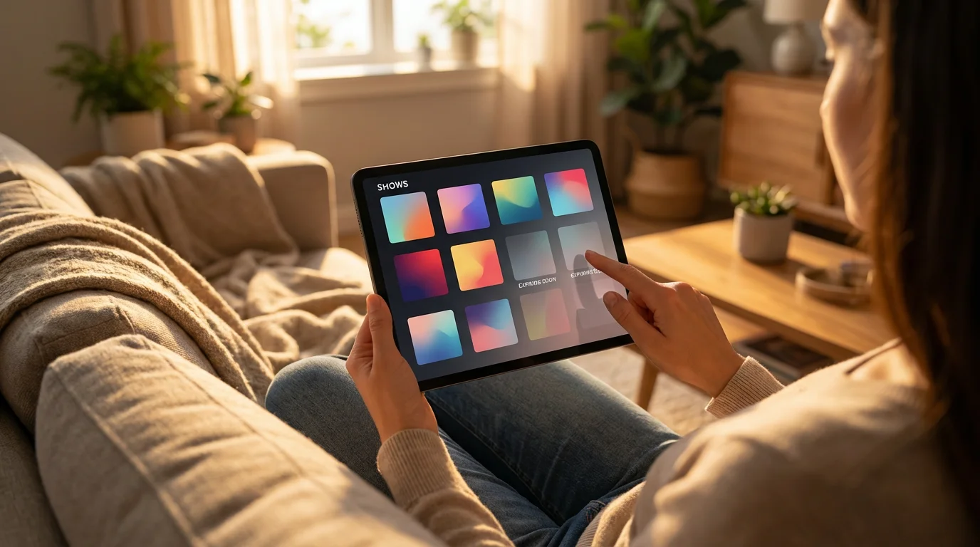 A person uses a tablet to track movies and shows leaving a streaming service.