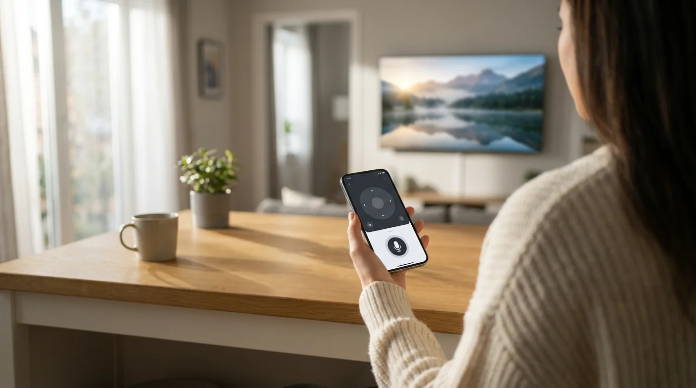 A person uses their phone with a voice remote app to control a TV.