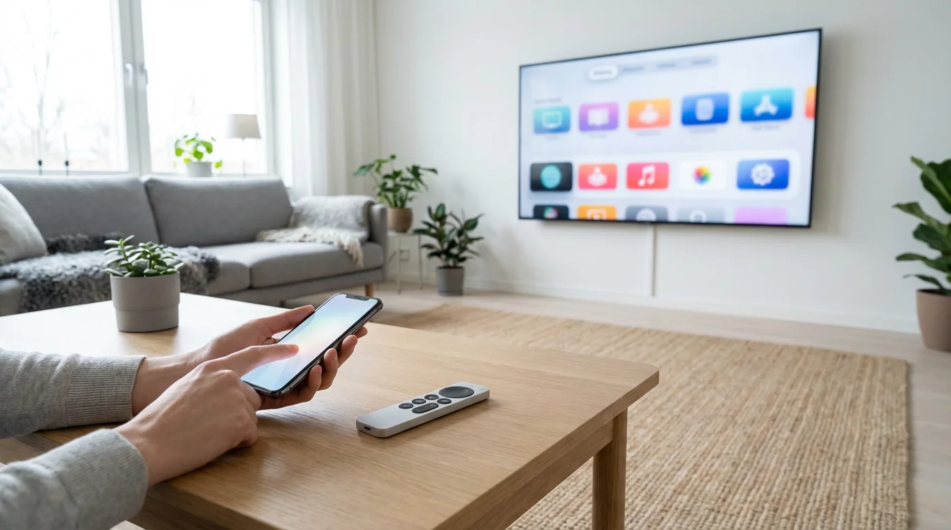 A person using a smartphone to navigate a TV menu in a modern, brightly-lit living room.