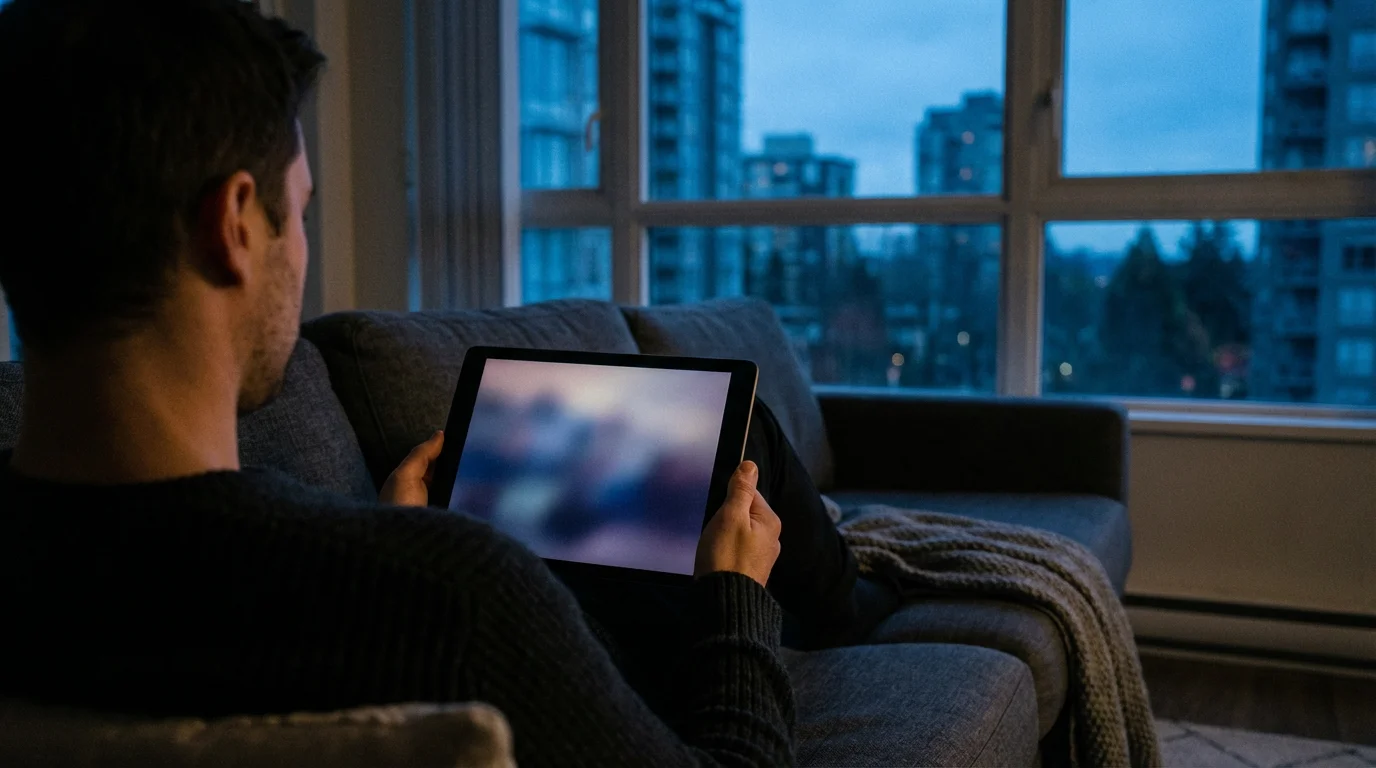 A person viewed from over the shoulder watching a streaming service on a tablet.